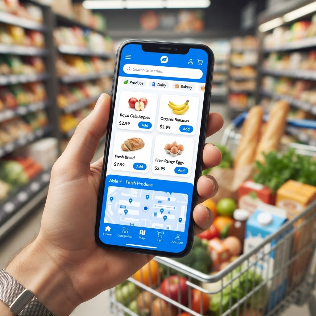Main tenant un smartphone affichant Disponi+ dans un commerce